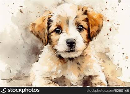 Creative watercolor splash style drawing of happy dog puppy. distinct generative AI image.. Creative watercolor splash style drawing of happy dog puppy