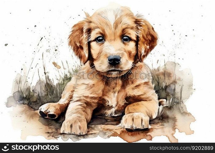 Creative watercolor splash style drawing of happy dog puppy. distinct generative AI image.. Creative watercolor splash style drawing of happy dog puppy