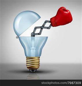 Creative weapon symbol and game changer business concept for the power of ideas and fighting to pitch powerful innovation as a red boxing glove emerging out of an open light bulb as an icon of creativity success with out of the box thinking.