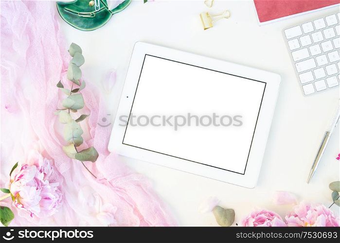 Creative wedding planner composition mock up, pink blanket, fresh flowers on white background with copy space. Flat lay, top view stylish art concept.. Creative wedding composition