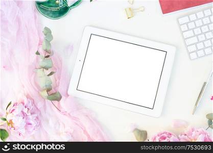 Creative wedding planner composition mock up, pink blanket, fresh flowers on white background with copy space. Flat lay, top view stylish art concept.. Creative wedding composition