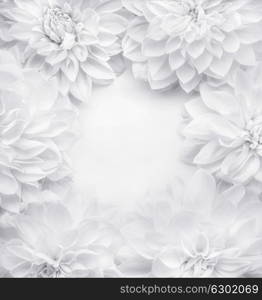 Creative white flowers frame background , floral pattern or layout for greeting card of Mothers day,birthday, Valentine's Day, wedding or happy event, top view