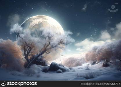 Creative winter landscape tree moon. Sun sky. Generate Ai. Creative winter landscape tree moon. Generate Ai