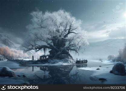 Creative winter landscape tree. Nature scene. Generate Ai. Creative winter landscape tree. Generate Ai