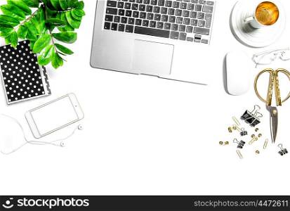Creative working desk. Workplace with notebook, digital phone, office supplies, diary, coffee, green plant. Hero header