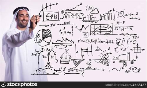 creative young middle eastern business man draw graph and diagrams with marker on virtual screen