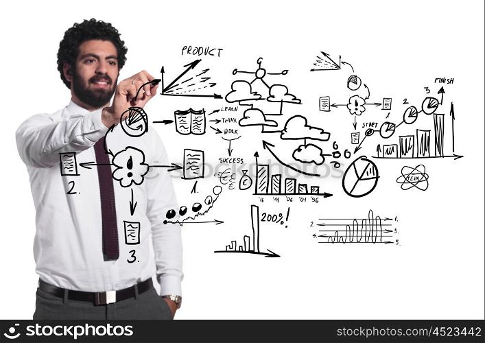 creative young middle eastern business man draw graph and diagrams with marker on virtual screen
