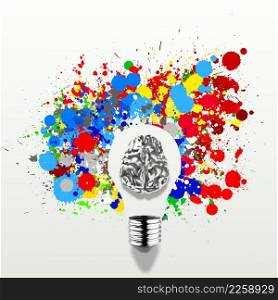 Creativity 3d metal human brain in visible light bulb with splash colors background as concept