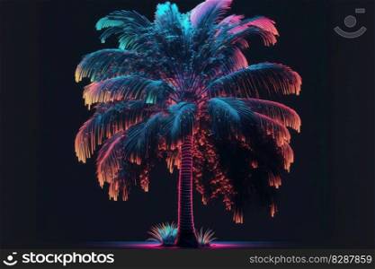 Creativity by neon palm isolated black background with reflective light. Concept of colorful and multicolored florescent lighting tree. Finest generative AI.. Creativity by neon palm isolated black background with reflective light.