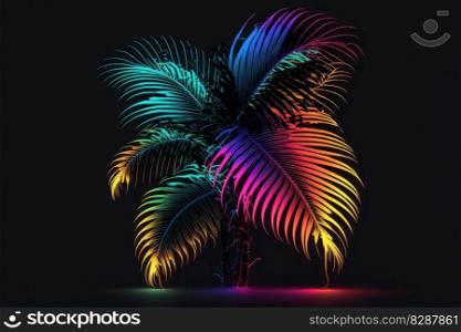 Creativity by neon palm isolated black background with reflective light. Concept of colorful and multicolored florescent lighting tree. Finest generative AI.. Creativity by neon palm isolated black background with reflective light.