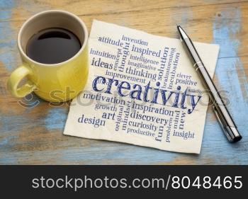 creativity concept - a word cloud on a napkin with a cup of coffee