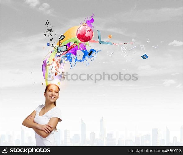 Creativity concept. Young smiling woman with colorful thoughts above head