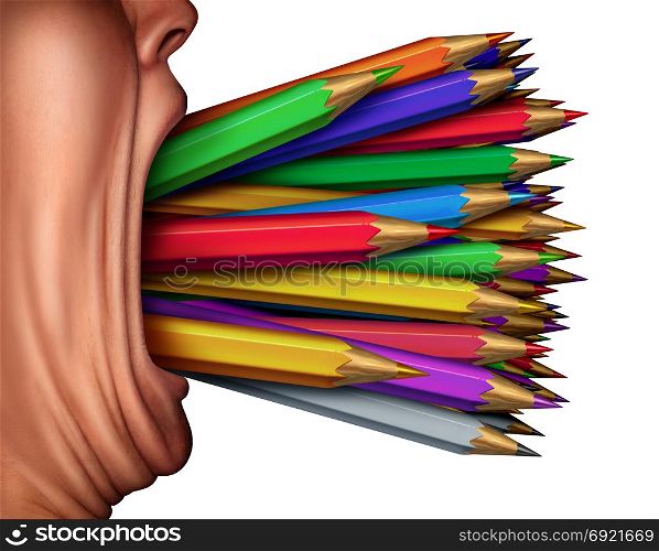 Creativity expression and creating content as a designer symbol as a person with color pencil crayons coming out of an open mouth with 3D render elements.
