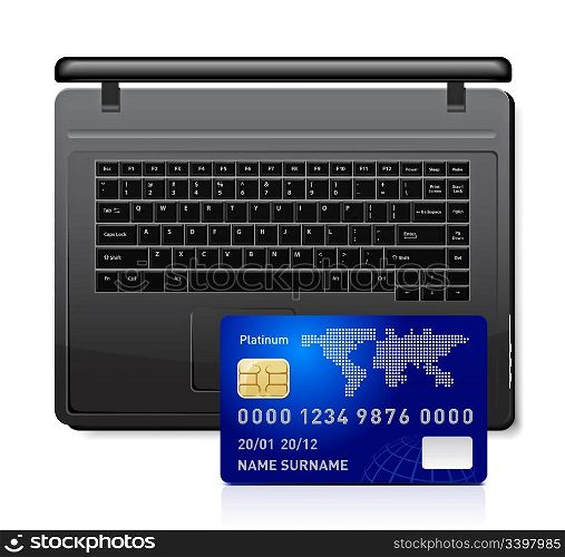 Credit card on a laptop vector illustration isolated on white background