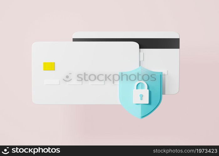 Credit card with lock shaped icon, Locked bank card secure transaction protection on pink background, Secure money payment online system sign, graphic web elements design, 3D rendering illustration