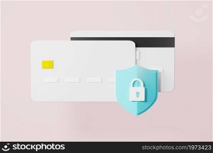 Credit card with lock shaped icon, Locked bank card secure transaction protection on pink background, Secure money payment online system sign, graphic web elements design, 3D rendering illustration