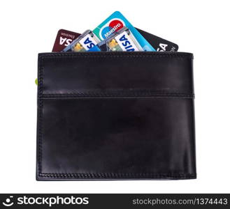 Credit cards in black leather wallet. Studio Photo. Credit cards in black leather wallet