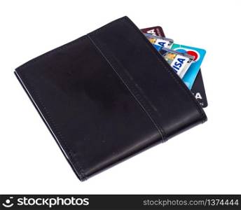 Credit cards in black leather wallet. Studio Photo. Credit cards in black leather wallet