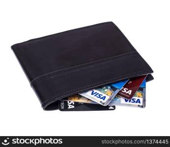 Credit cards in black leather wallet. Studio Photo. Credit cards in black leather wallet