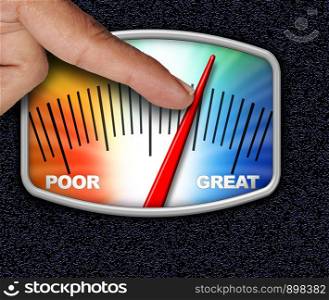 Credit score concept as a person changing the arrow for an improved financial performance rating with 3D illustration elements.