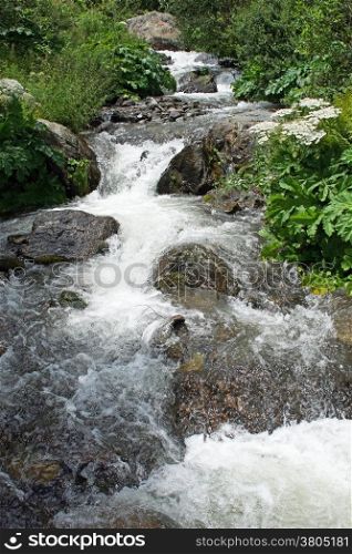 Creek in the Gveleti High Valley, beautiful landscape along the Georgian Military Road, Caucasus Mountains, Georgia, Europe