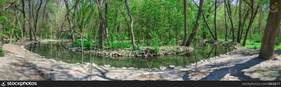 Creek in the territory of Askania-Nova reserve in Ukraine on a sunny spring day. Stream in Askania-Nova Nature Reserve in Ukraine