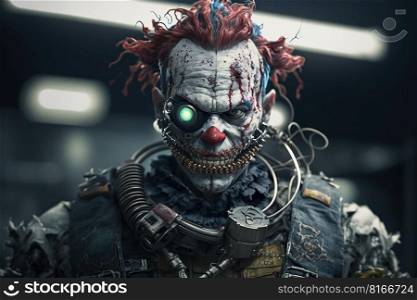 Creepy zombie cyborg clown  horror, dark background, a fictional person created by generative AI 