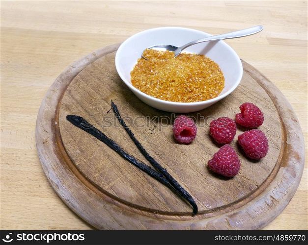 Creme brulee ingredients vanilla, raspberry, brown sugar&#xD;&#xA;