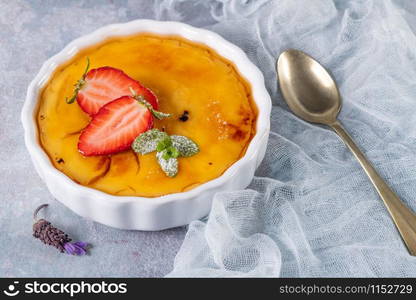 Creme brulee - traditional french vanilla cream dessert with caramelised sugar on top. Leite creme, portuguese desert