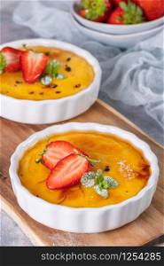 Creme brulee - traditional french vanilla cream dessert with caramelised sugar on top. Leite creme, portuguese desert