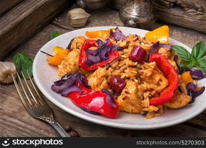 Creole spicy Jambalaya. Creole Jambalaya spicy rice with meat and vegetables