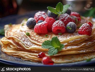 Crepe pancakes stack with berries and sugar powder for breakfast.AI Generative