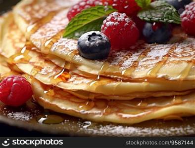 Crepe pancakes stack with berries and sugar powder for breakfast.AI Generative