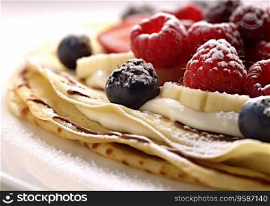 Crepe pancakes with banana and berries with sugar powder topping on white background.AI Generative