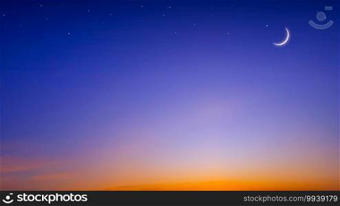 Crescent moon and stars on colorful twilight sky, Beautiful evening sky for Ramadan holy month background decoration during iftar period with free space for edit text 