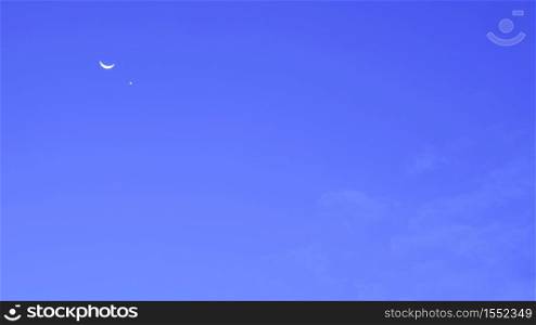 Crescent moon with star and white cloud in blue night sky, Natural night sky background in minimal style