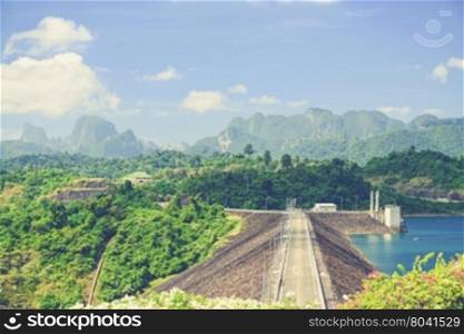 Crest of the Ratchaprapa dam in Surat Thani, Thailand (Vintage filter effect used)