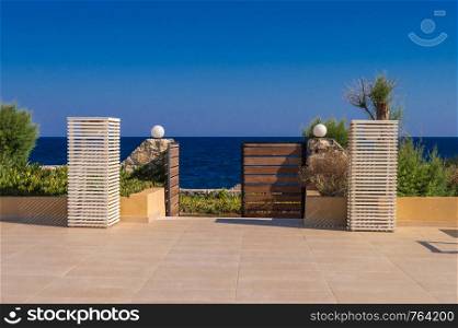 Crete, islands, Greece. Beautiful portico at Sissi, a small marina at the north of Crete, islands, Greece