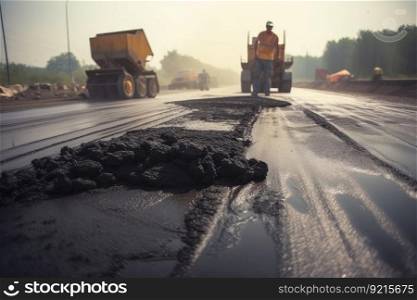 crew repairing potholes with asphalt on dusty road, created with generative ai. crew repairing potholes with asphalt on dusty road