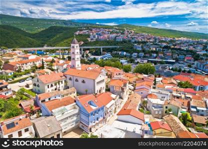 Crikvenica. Town on Adriatic sea church and landscape aerial view. Kvarner bay region of Croatia