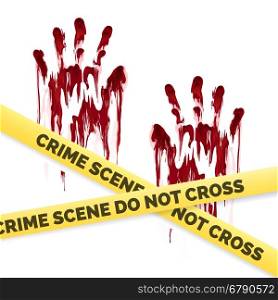Crime poster with bloody handprints. Crime poster with bloody handprints and police crime scene scoth isolated on white background. Vector illustration