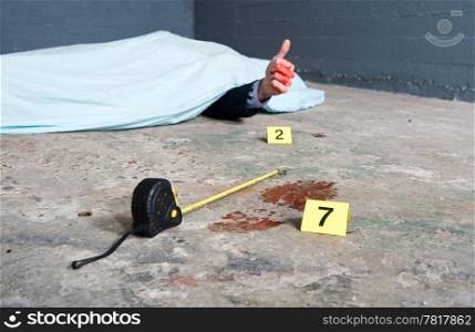 Crime scene investigation with a touch of humor, showing a footprint and a body giving a thumbs-up.