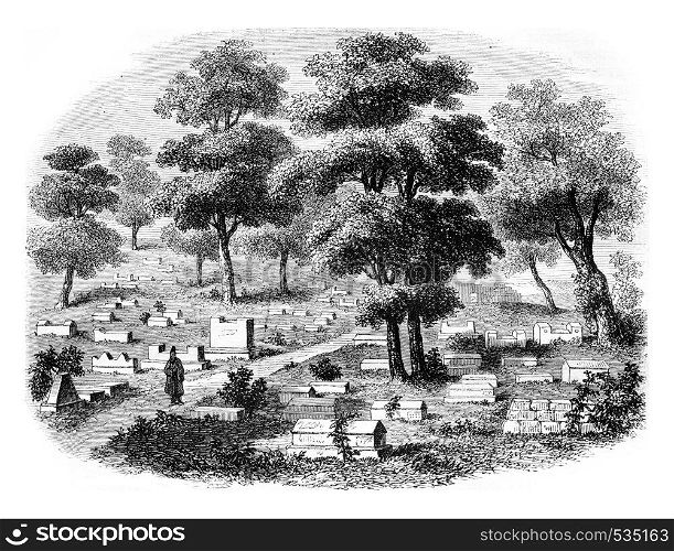 Crimea meridionale, The Valley of Jehoshaphat, cemetery of Jews caraites, in Tchifout Kale, vintage engraved illustration. Magasin Pittoresque 1855.