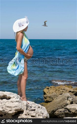 Crimea, sea gulls and a pregnant woman. Clear Skies.