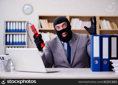 Criminal businessman with balaclava with dynamite