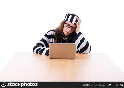 Criminal hacker with laptop on white