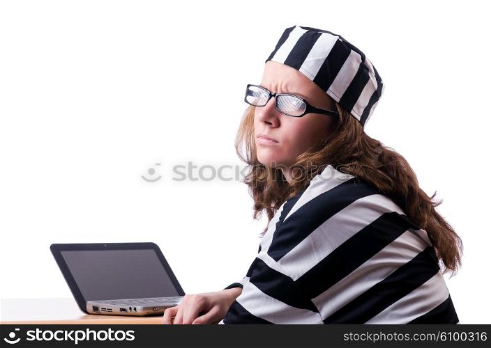 Criminal hacker with laptop on white