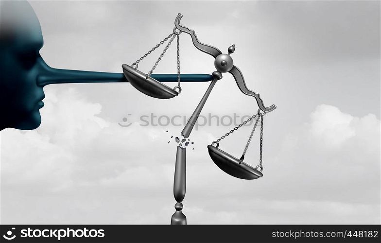 Criminal politicians and corrupt politics concept as a political lier with a long lying nose as government corruption and dishonesty metaphor and comitting perjury or criminal acts with 3D illustration elements.