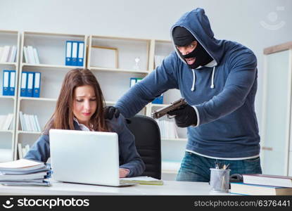 Criminal taking businesswoman as hostage in office