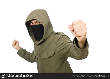 Criminal wearing mask isolated on white